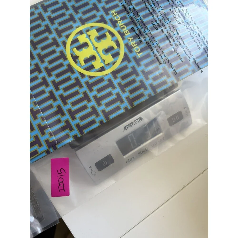 Tory Burch Blue Lime Geometric Gift Bag 13x7x5‎ Tall Decor Flap Closure EUC